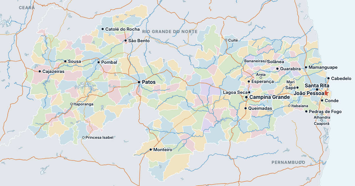 Carte de la Paraíba avec ses plus grandes villes
