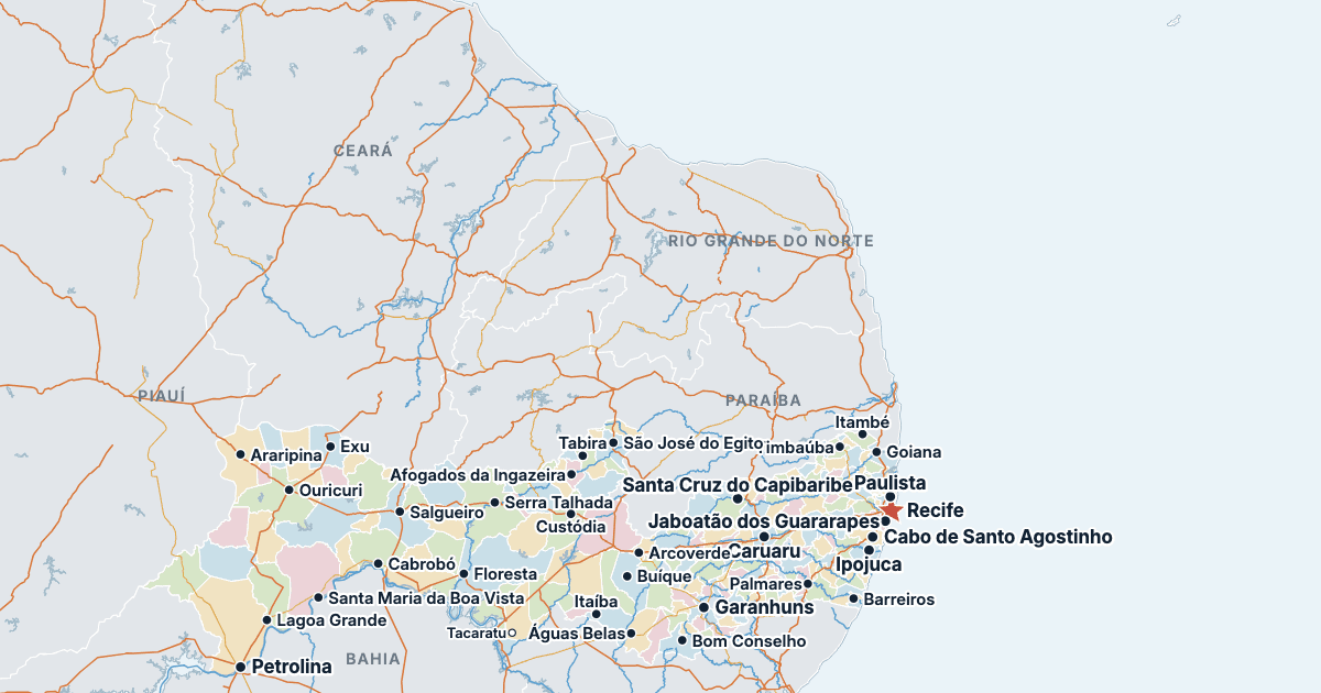 Carte du Pernambuco avec ses plus grandes villes