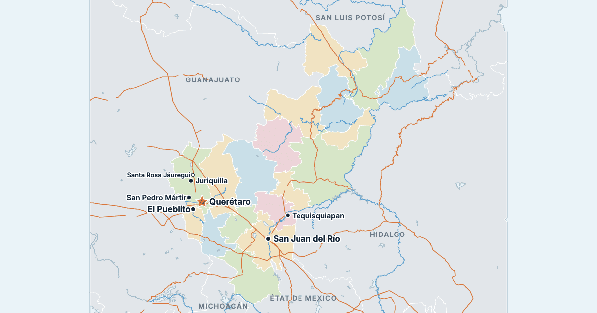 Carte du Querétaro avec ses plus grandes villes