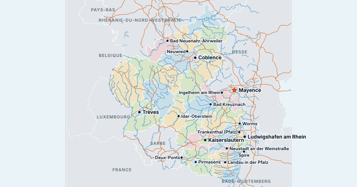 Carte de la Rhénanie-Palatinat avec ses plus grandes villes