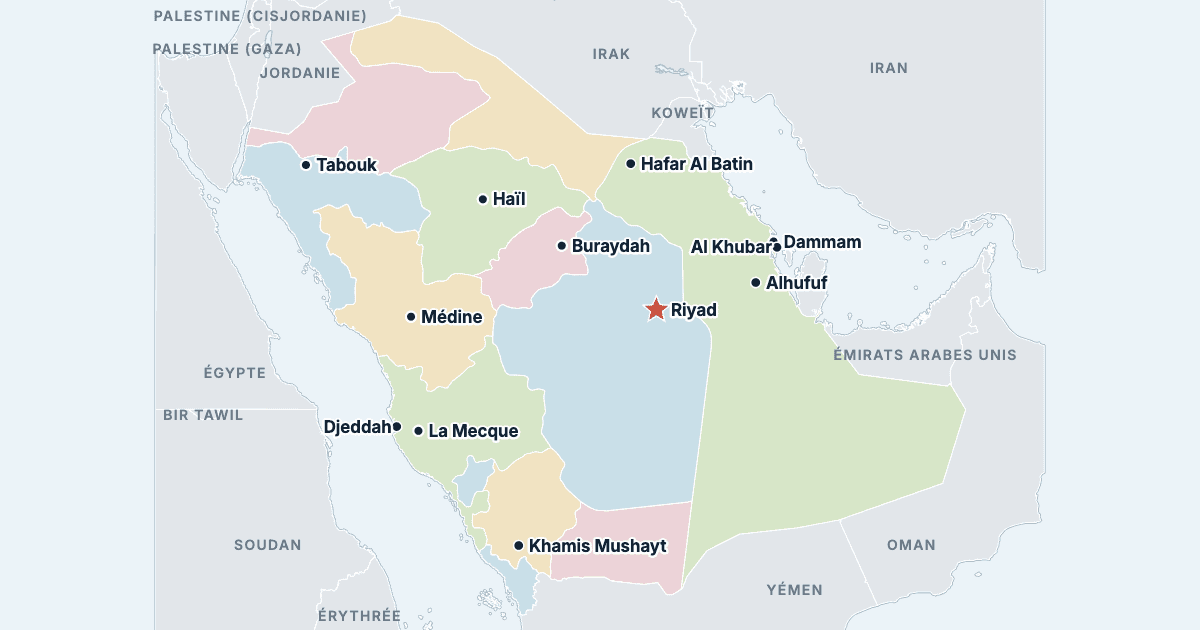 Carte de l’Arabie saoudite avec ses plus grandes villes