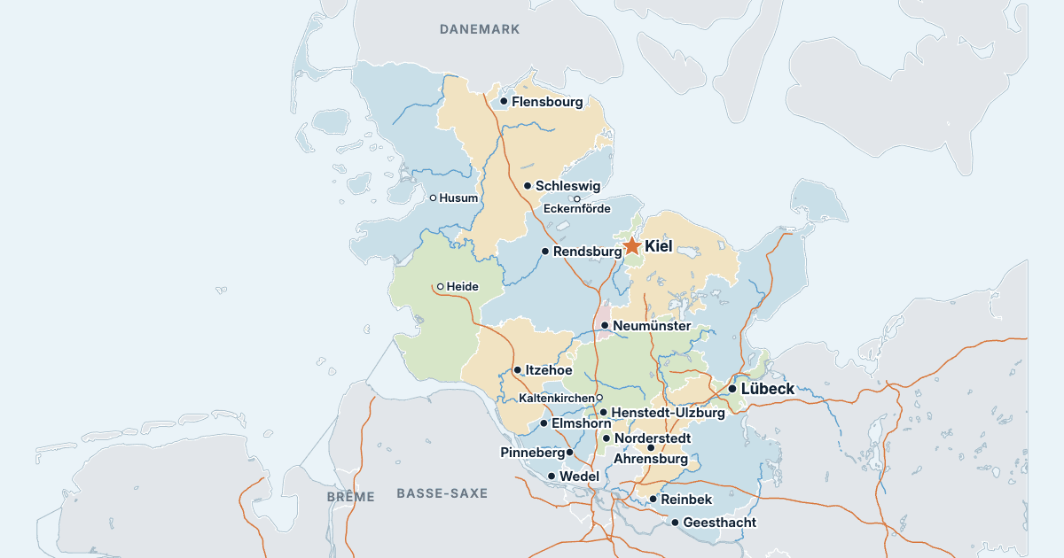 Carte du Schleswig-Holstein avec ses plus grandes villes