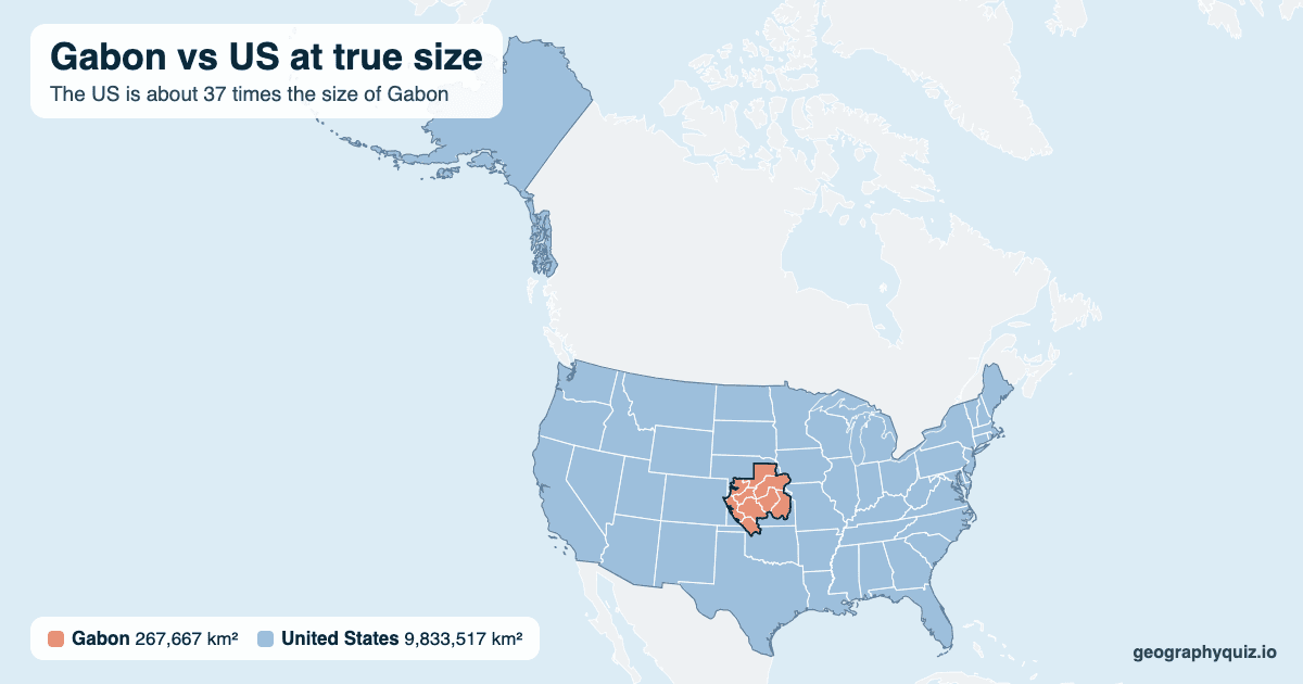 Gabon vs US size comparison map: Gabon laid over the US at true size. The US is about 37 times the size of Gabon.