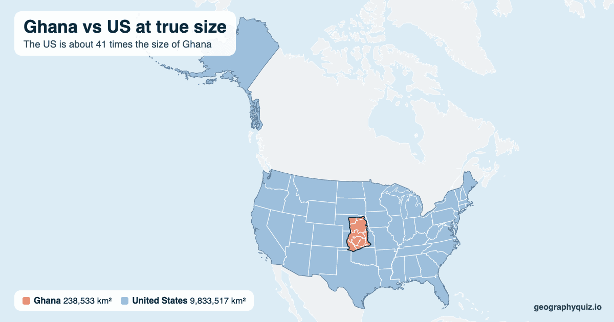Ghana vs US size comparison map: Ghana laid over the US at true size. The US is about 41 times the size of Ghana.
