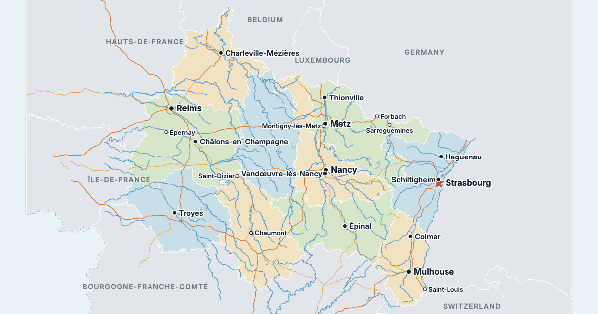 Map of Grand Est with its largest cities
