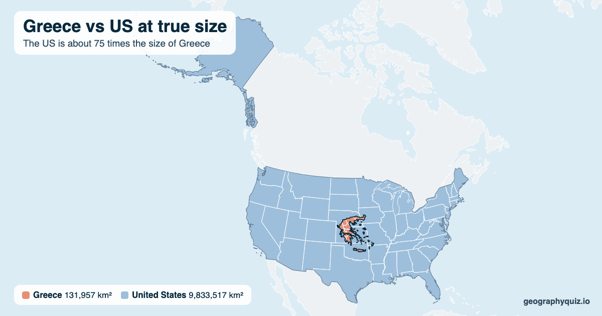 Greece vs US size comparison map: Greece laid over the US at true size. The US is about 75 times the size of Greece.