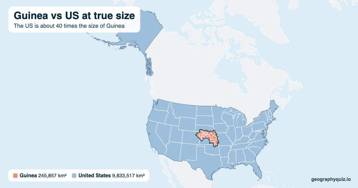 Guinea vs US size comparison map: Guinea laid over the US at true size. The US is about 40 times the size of Guinea.