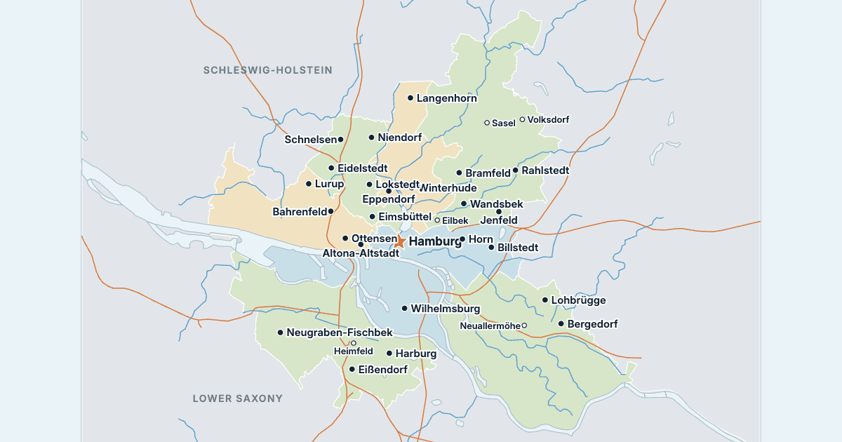 Map of Hamburg with its largest cities