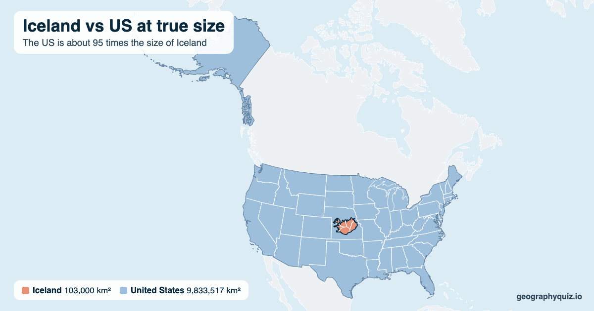 Iceland vs US size comparison map: Iceland laid over the US at true size. The US is about 95 times the size of Iceland.