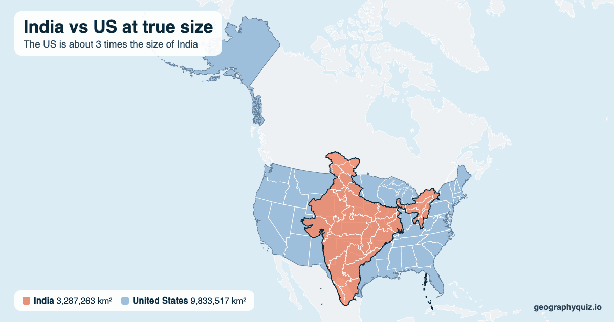 India vs US size comparison map: India laid over the US at true size. The US is about 3 times the size of India.