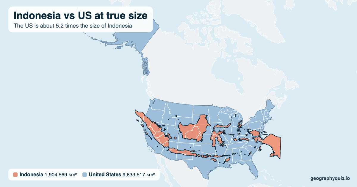 Indonesia vs US size comparison map: Indonesia laid over the US at true size. The US is about 5.2 times the size of Indonesia.