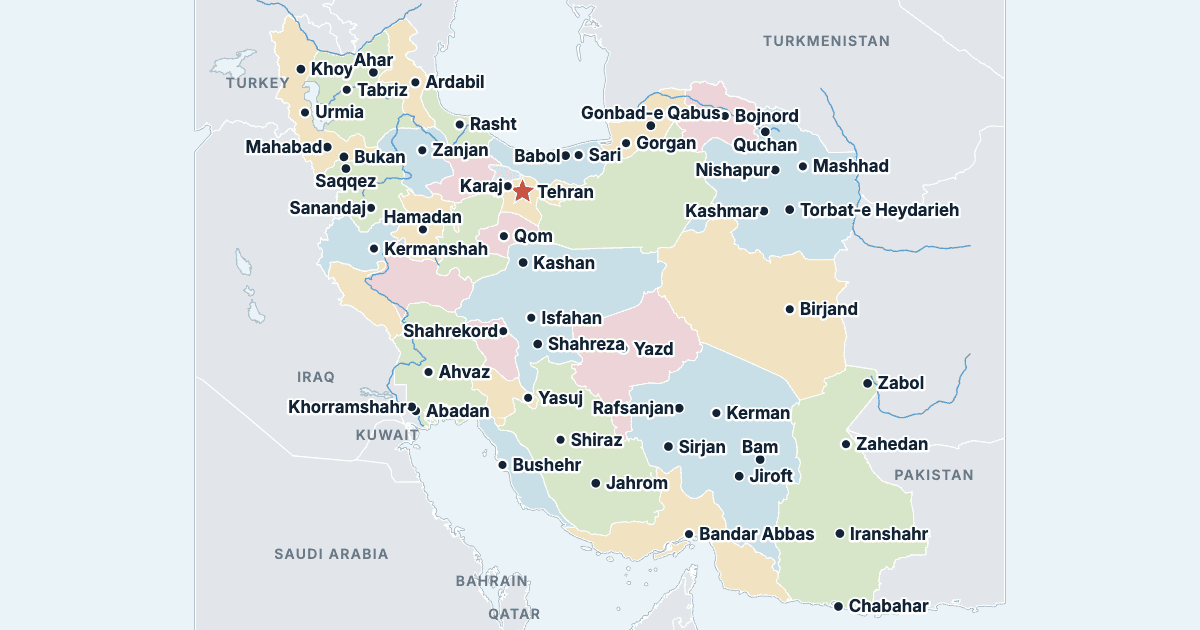 Map of Iran with its largest cities