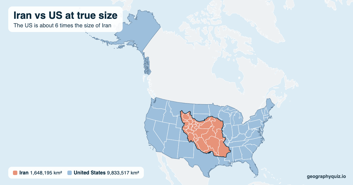 Iran vs US size comparison map: Iran laid over the US at true size. The US is about 6 times the size of Iran.