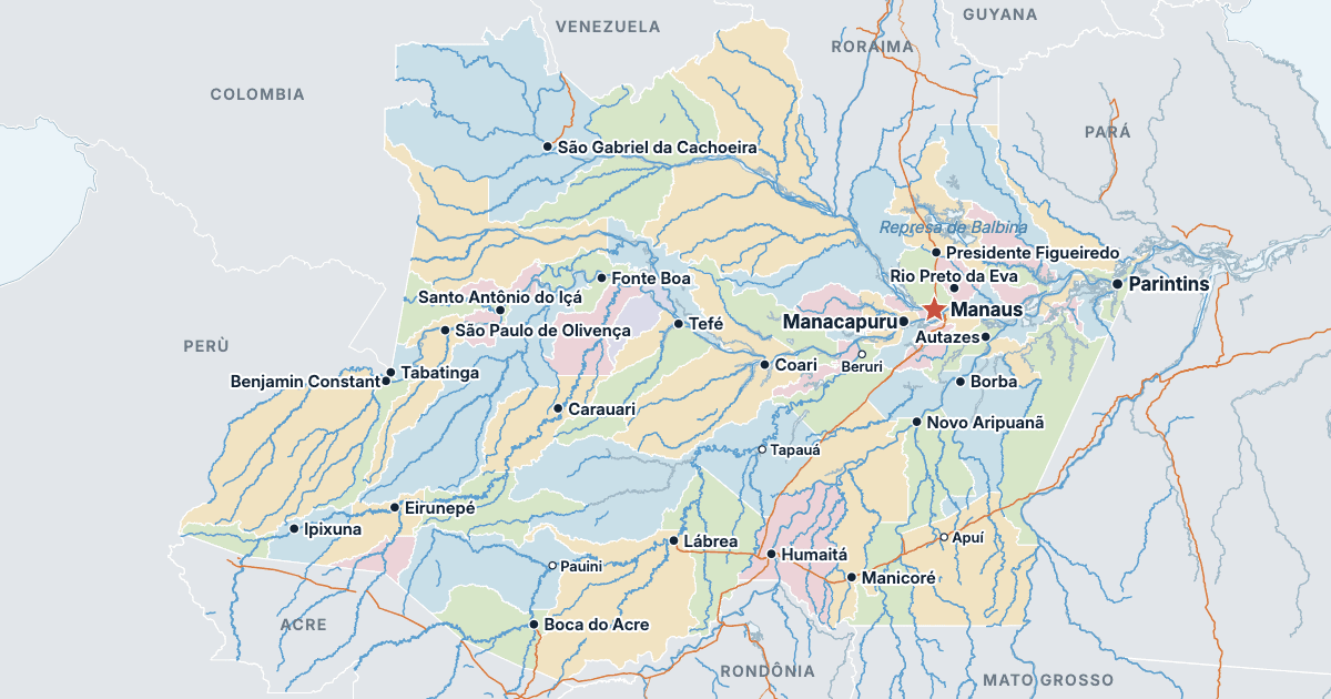 Mappa dello stato di Amazonas con le città più grandi