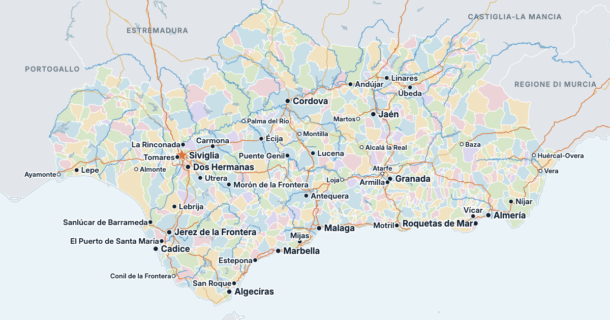 Mappa dell’Andalusia con le città più grandi