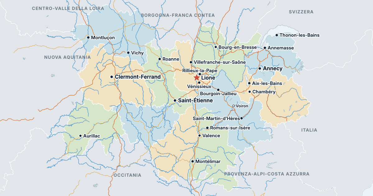 Mappa dell’Alvernia-Rodano-Alpi con le città più grandi