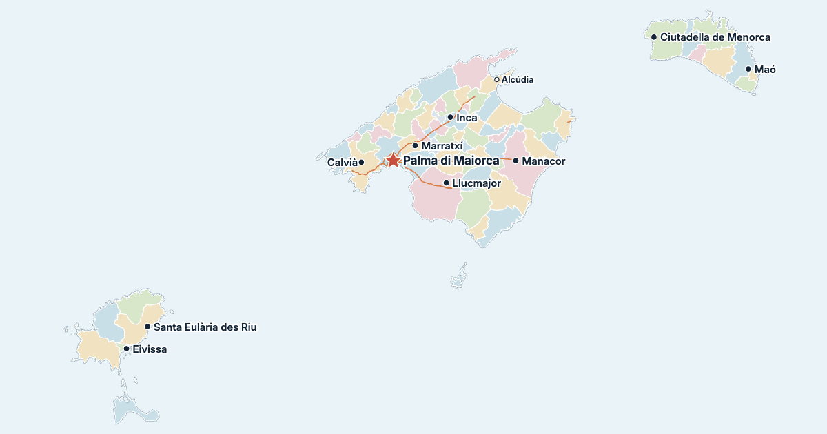 Mappa delle Isole Baleari con le città più grandi