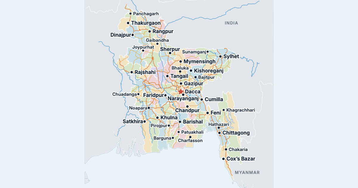 Mappa del Bangladesh con le città più grandi