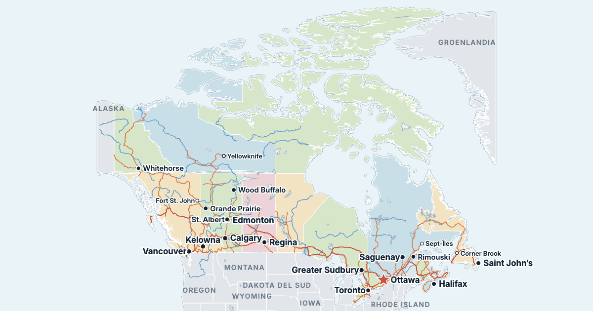 Mappa del Canada con le città più grandi