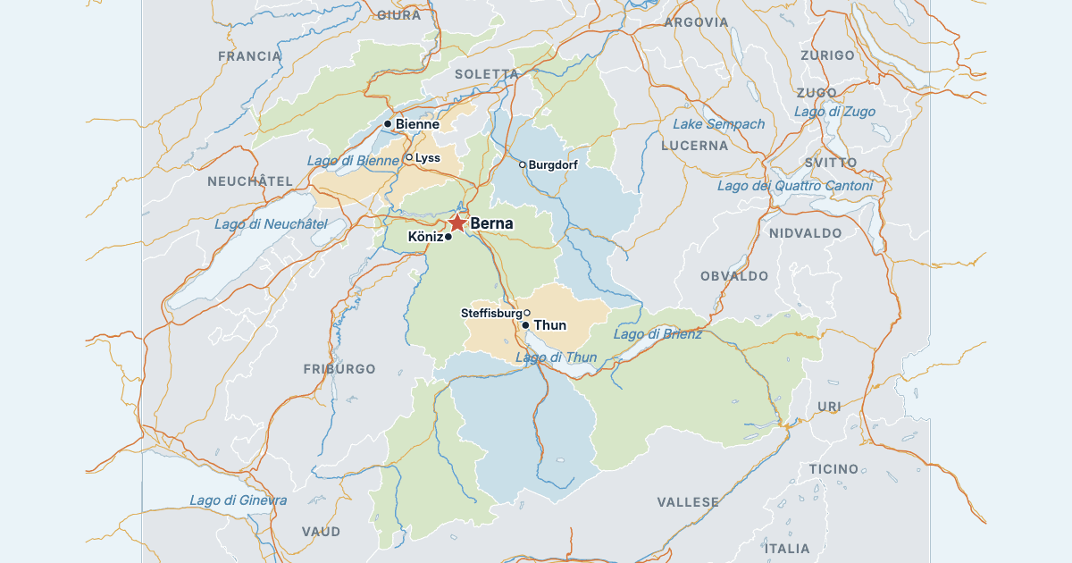 Mappa del cantone di Berna con le città più grandi