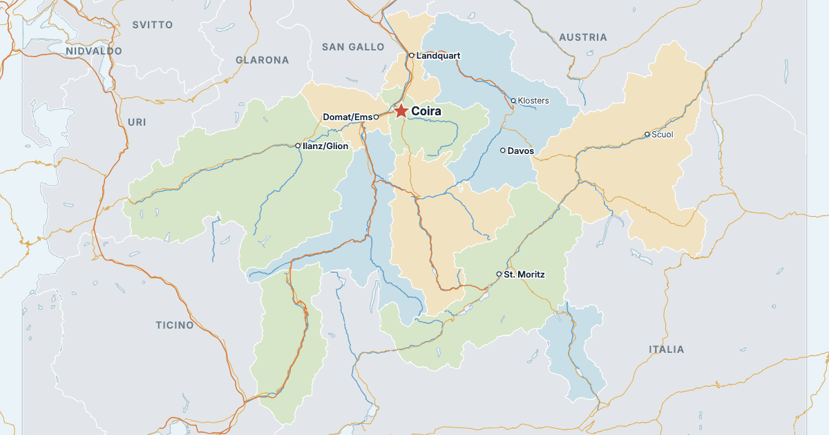 Mappa del cantone dei Grigioni con le città più grandi