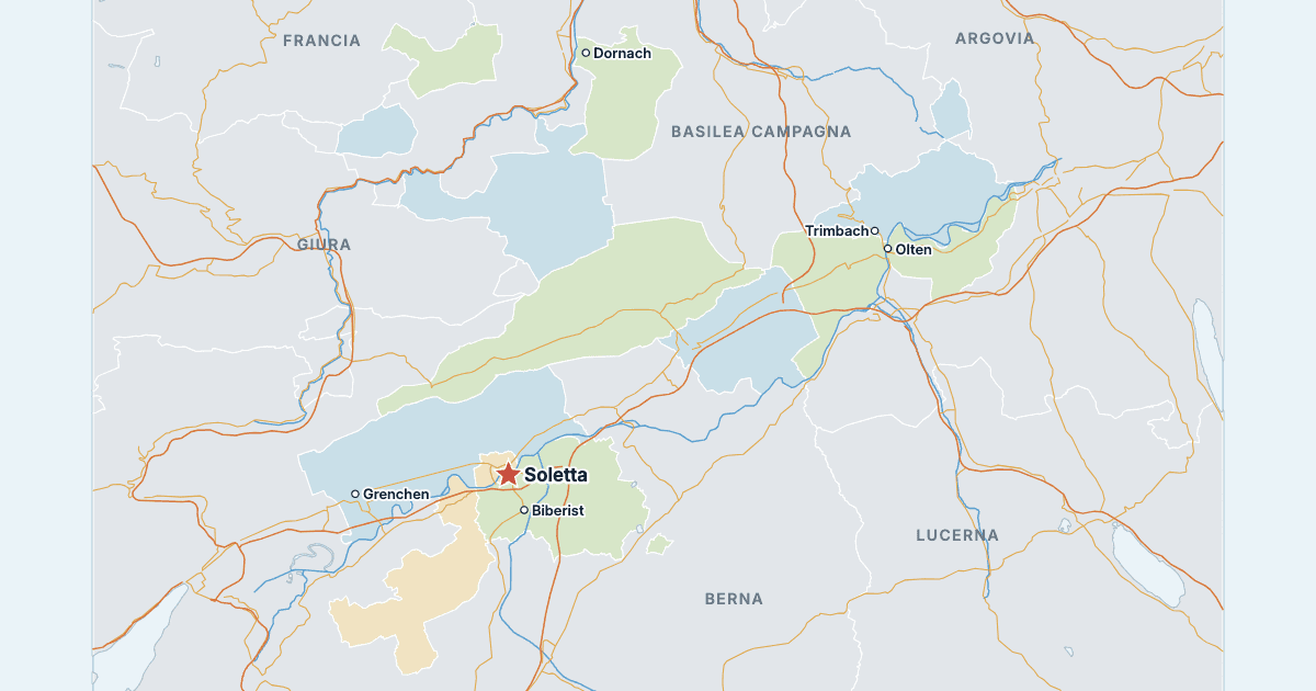 Mappa del cantone di Soletta con le città più grandi