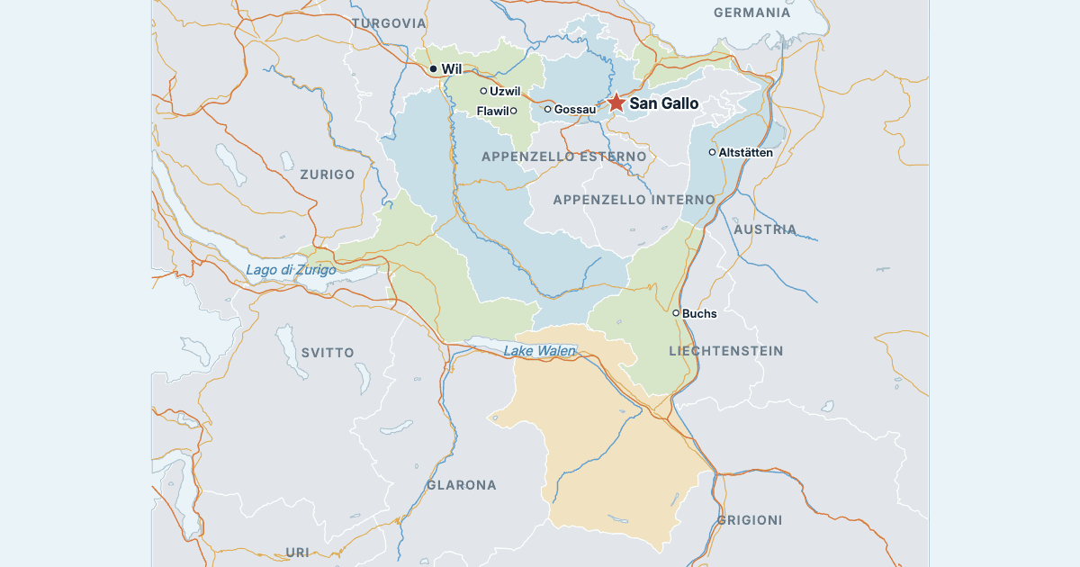 Mappa del cantone di San Gallo con le città più grandi