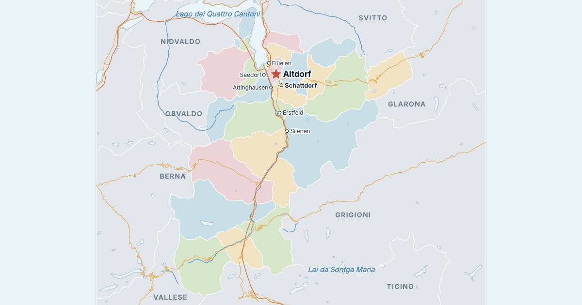Mappa del cantone di Uri con le città più grandi