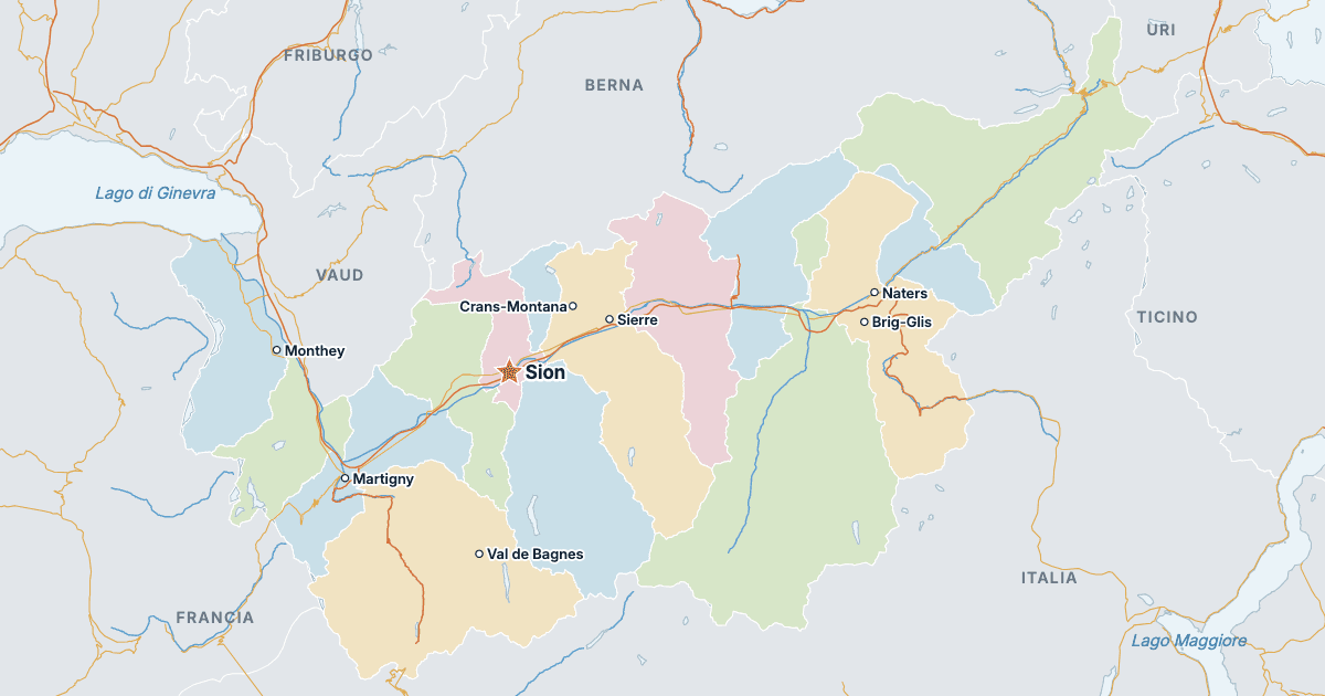 Mappa del cantone del Vallese con le città più grandi
