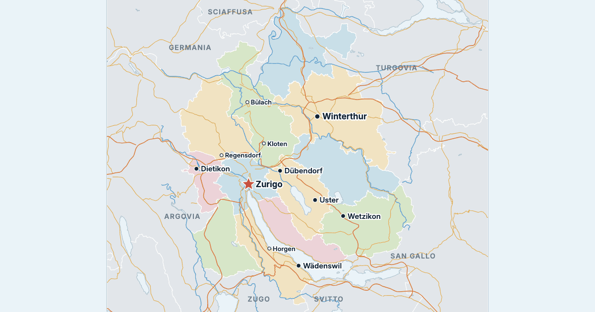 Mappa del cantone di Zurigo con le città più grandi