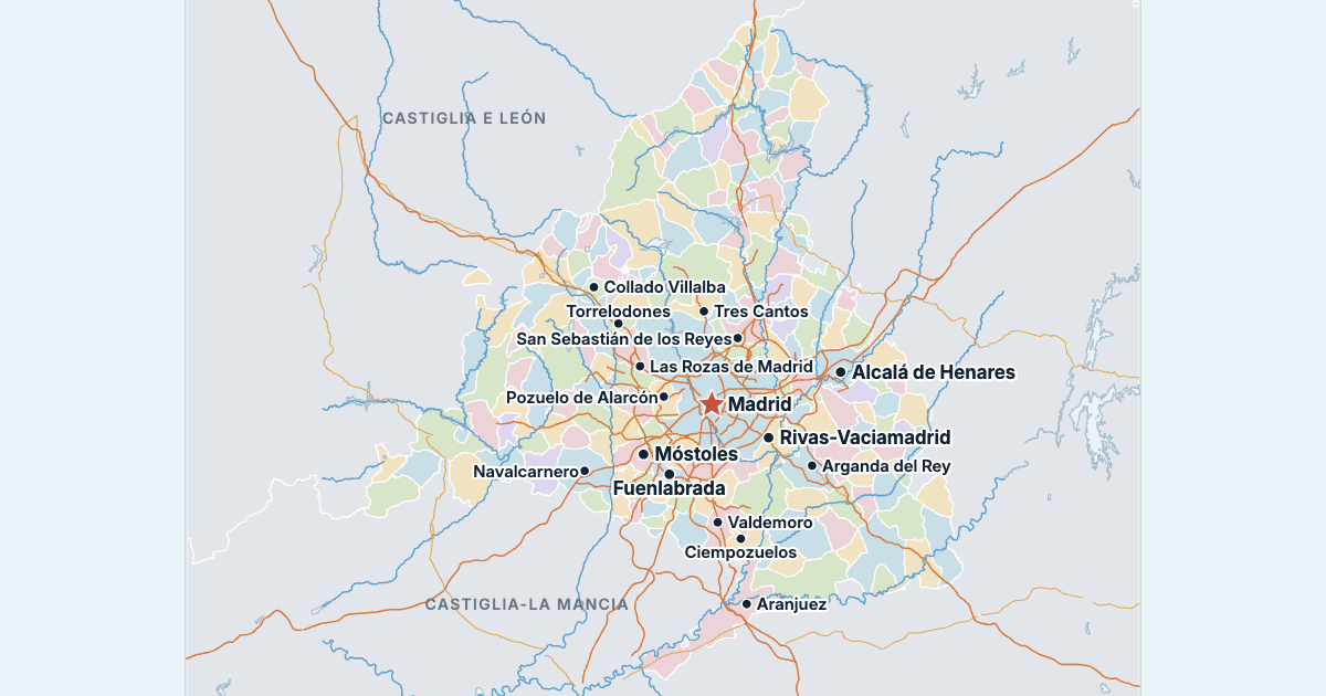 Mappa della Comunità di Madrid con le città più grandi