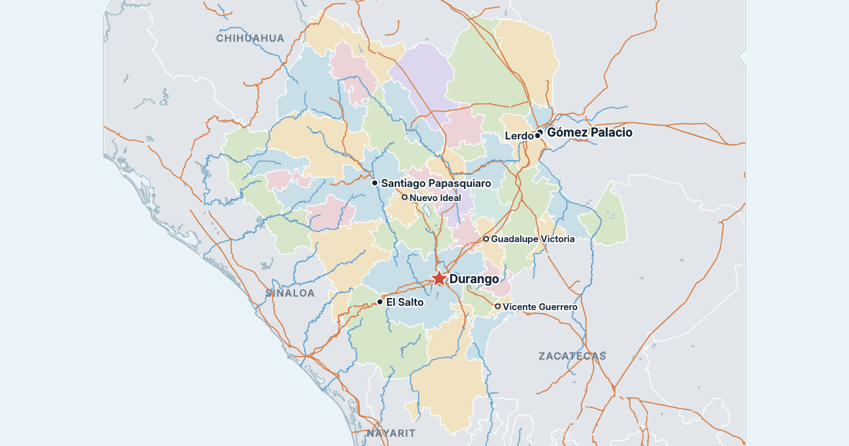 Mappa dello stato di Durango con le città più grandi