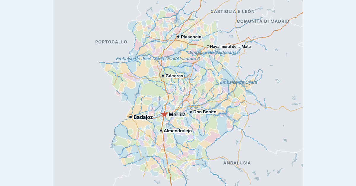 Mappa dell’Estremadura con le città più grandi