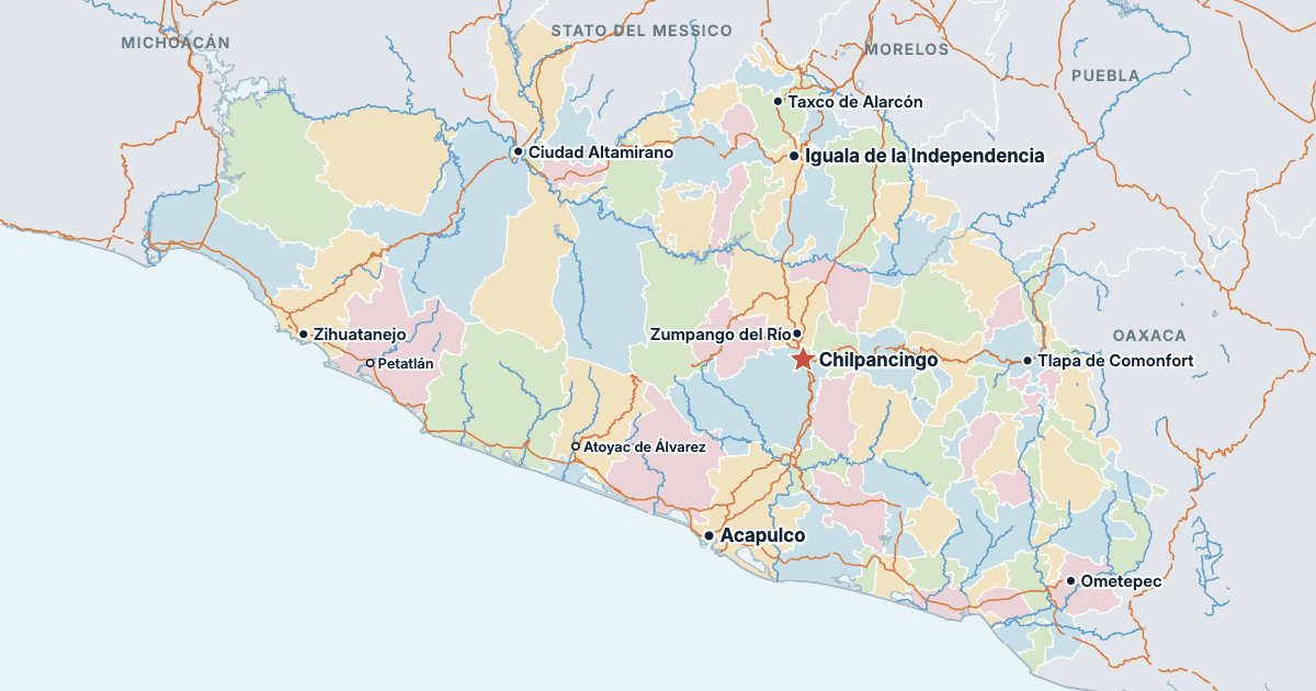 Mappa dello stato di Guerrero con le città più grandi
