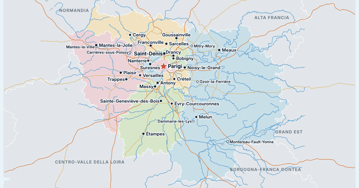 Mappa dell’Île-de-France con le città più grandi