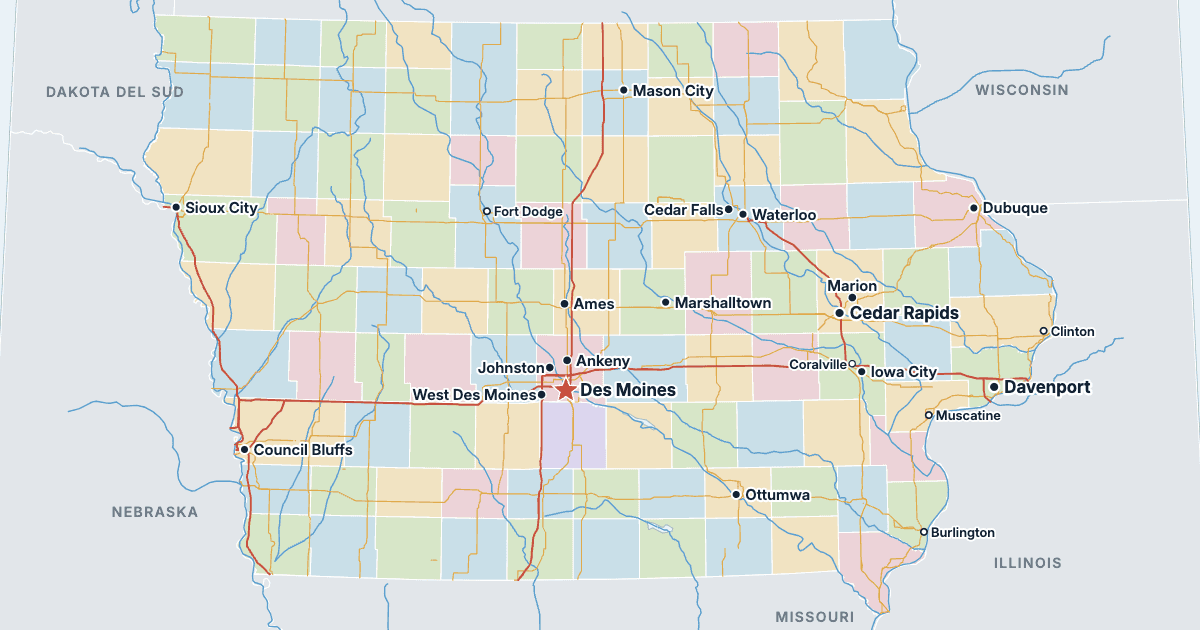 Mappa dell’Iowa con le città più grandi