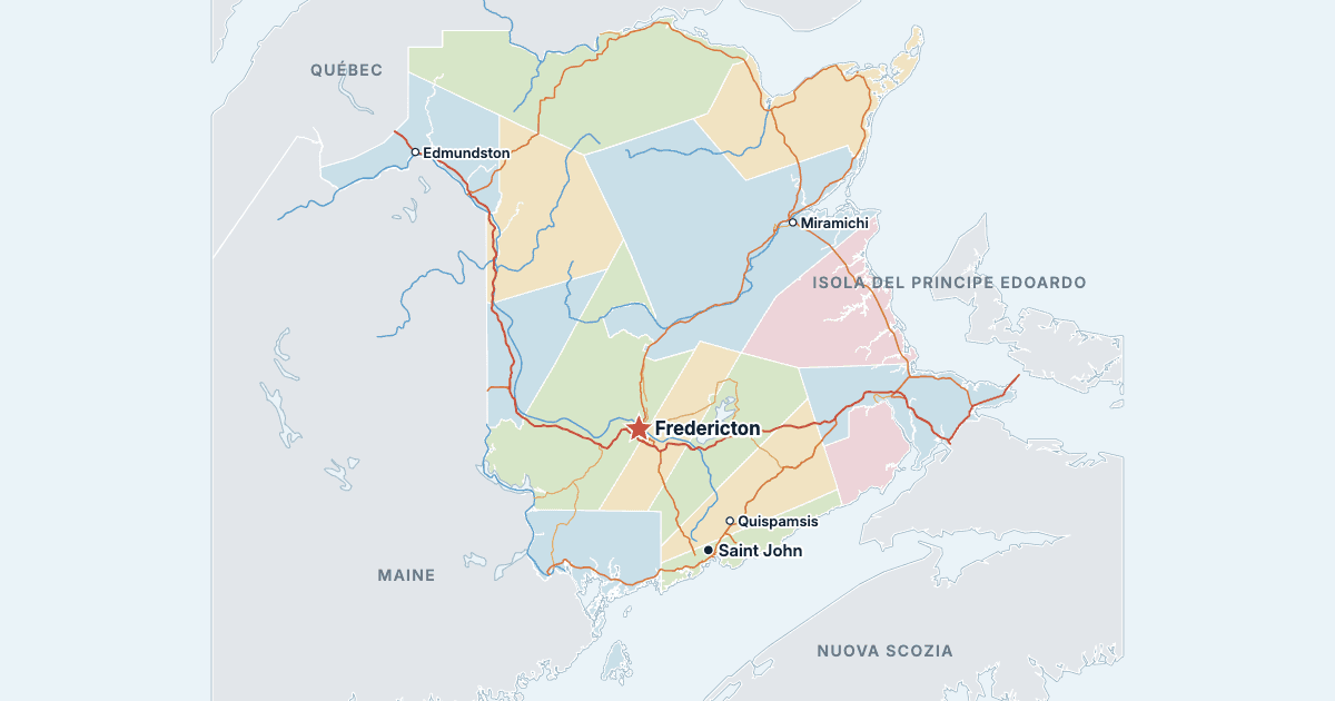 Mappa del Nuovo Brunswick con le città più grandi