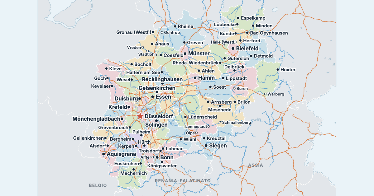 Mappa della Renania Settentrionale-Vestfalia con le città più grandi