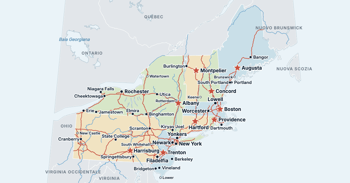 Mappa del Nord-est degli Stati Uniti con gli stati e le città più grandi