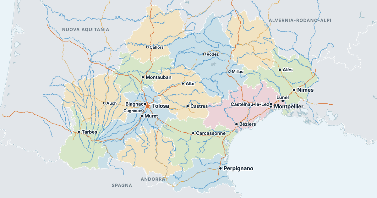 Mappa dell’Occitania con le città più grandi