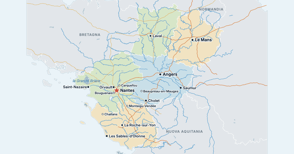 Mappa dei Paesi della Loira con le città più grandi