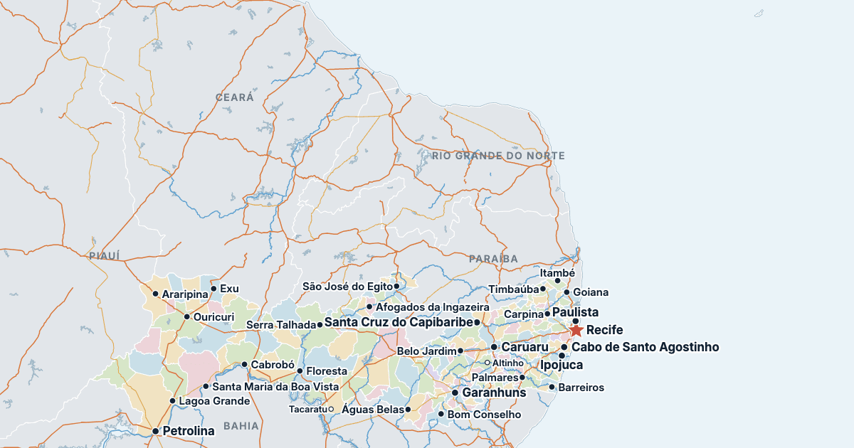 Mappa dello stato di Pernambuco con le città più grandi