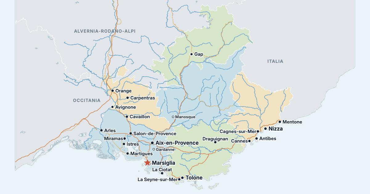 Mappa della Provenza-Alpi-Costa Azzurra con le città più grandi