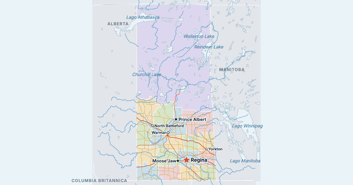 Mappa del Saskatchewan con le città più grandi
