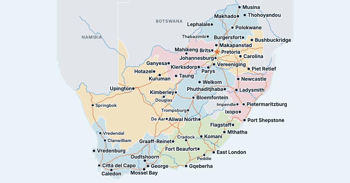 Mappa del Sudafrica con le città più grandi