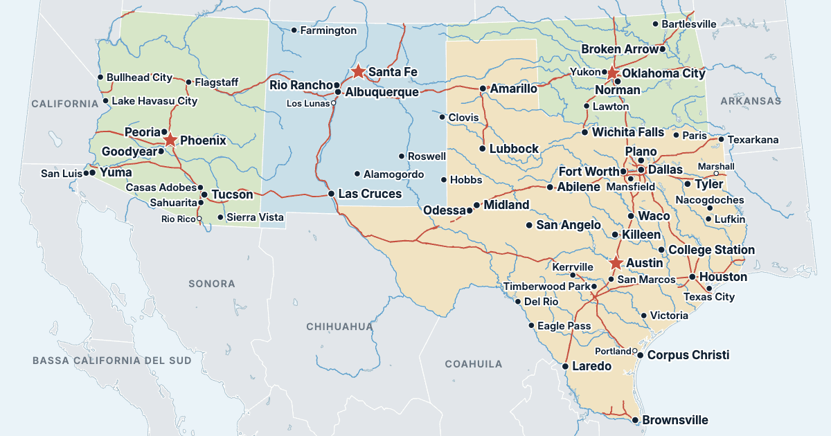 Mappa del Sud-ovest degli Stati Uniti con gli stati e le città più grandi