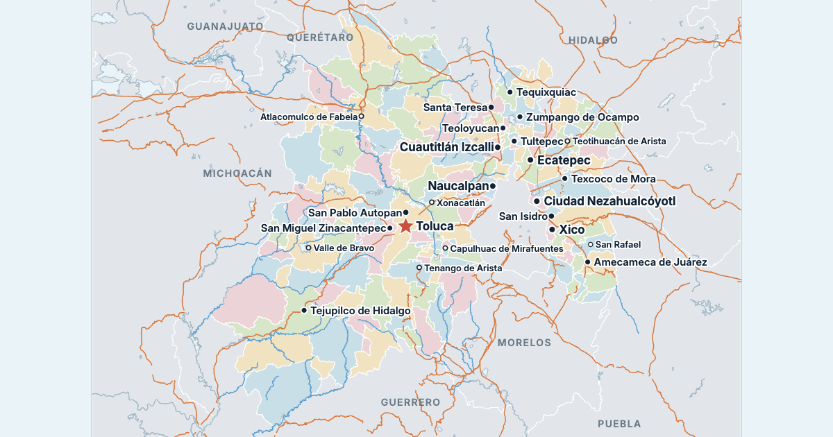 Mappa dello Stato del Messico con le città più grandi