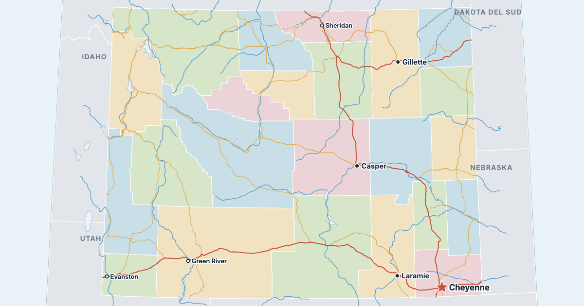 Mappa del Wyoming con le città più grandi