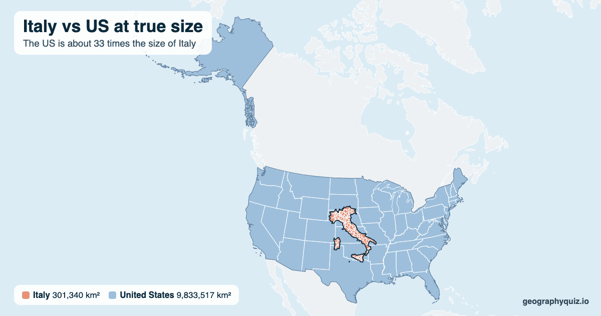 Italy vs US size comparison map: Italy laid over the US at true size. The US is about 33 times the size of Italy.