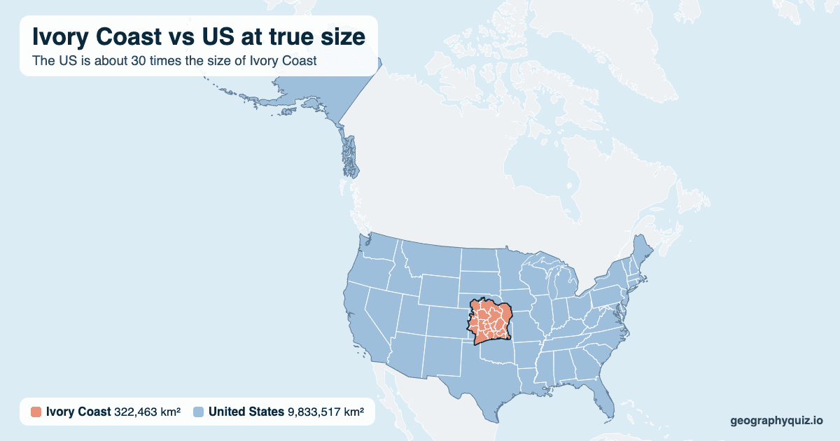 Ivory Coast vs US size comparison map: Ivory Coast laid over the US at true size. The US is about 30 times the size of Ivory Coast.